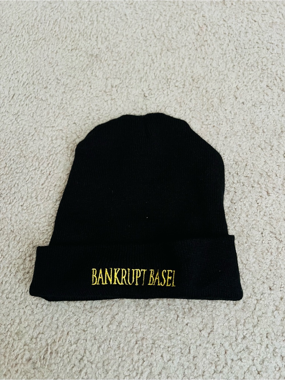 Black Beanie with Yellow "BANKRUPT BASEI" Embroidery
